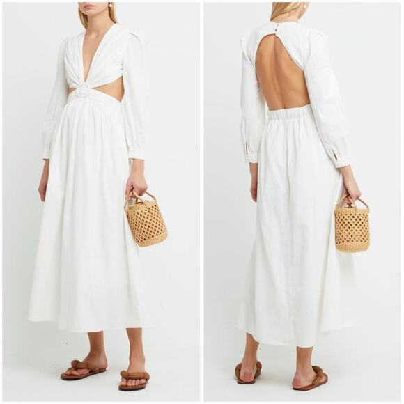 REVOLVE OPT Kimia Maxi Dress Cotton Linen Cut Out Long Sleeve Midi Open Back - Picture 1 of 16